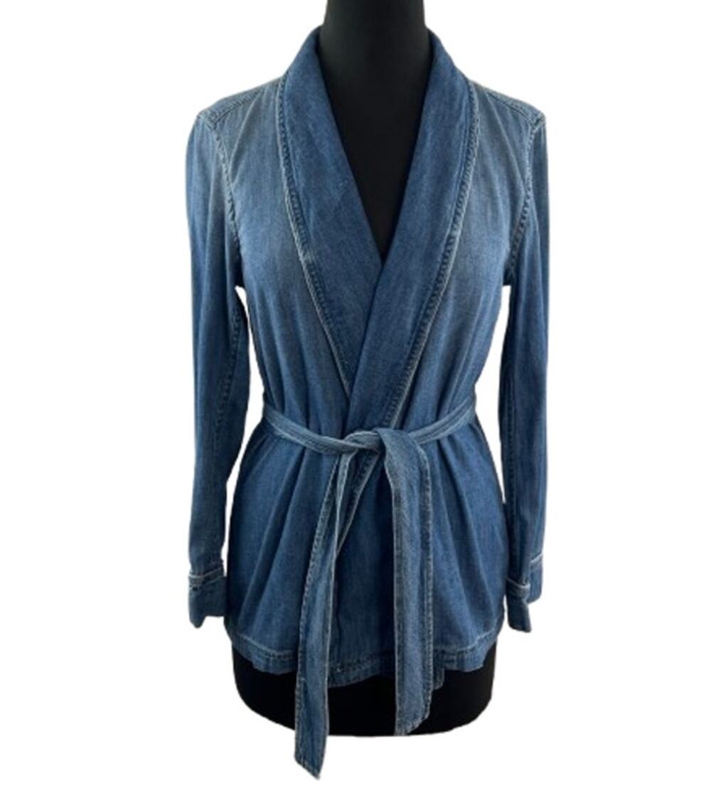 EQUIPMENT Blue Wrap Top Cotton Denim Shawl Collar Waist Tie Long Sleeve Size XS